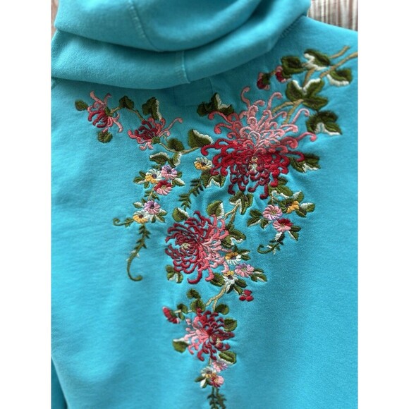 Vintage Lucky Brand Hoodie Y2K Turquoise Floral Embroidery Asian Art Sz M RARE - Picture 5 of 7
